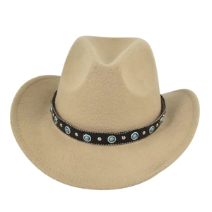 Detail of western fedora hat with black leather band, silver studs and turquoise stones