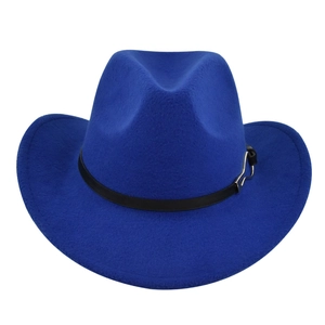 Close-up of royal blue wool felt fedora hat featuring a black leather belt and silver buckle