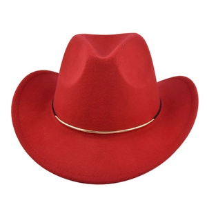Detailed close-up of a deep red wool felt fedora with a decorative gold metal band trim