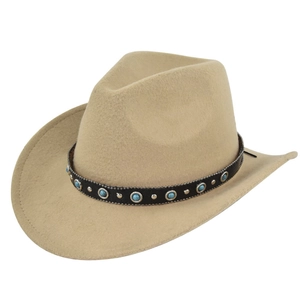 Close-up of khaki wool felt cowboy hat with turquoise beads and silver metal studs