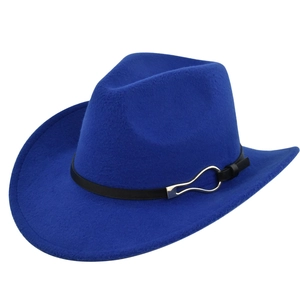 Classic royal blue wide brim felt fedora hat with black belt and silver metal buckle