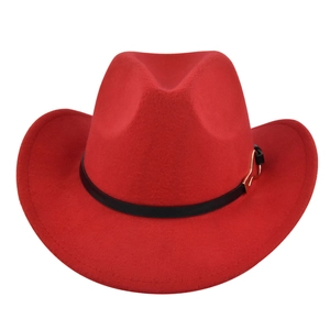 Detail of red wool felt cowboy hat featuring a black decorative band and gold buckle accent