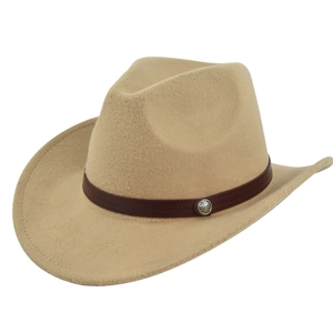 Cappello da cowboy in feltro di lana color cammello con cintura in rilievo e fibbia