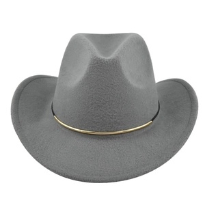 Detailed view of grey wool felt cowboy hat featuring a sleek gold metal decorative band