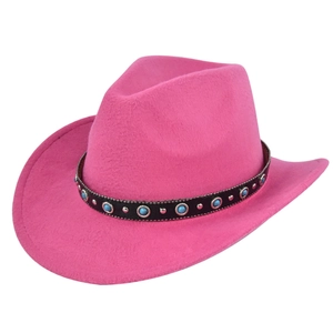 Hot pink western cowboy hat made of felt wool with turquoise and silver studded band