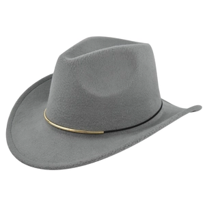 Detailed close-up of a grey felt cowboy hat with gold metal ring accents and chin strap