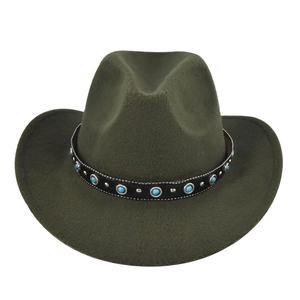 Detail of olive green fedora with turquoise beads and silver studs on black band
