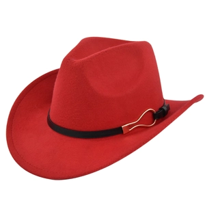 Detail view of red felt cowboy hat with black leather belt and gold buckle accent