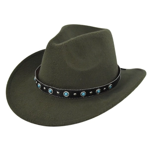Detail of dark green wool felt cowboy hat with turquoise and silver studded leather band
