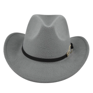 Detail of grey felt fedora featuring black leather band and gold metal buckle accent