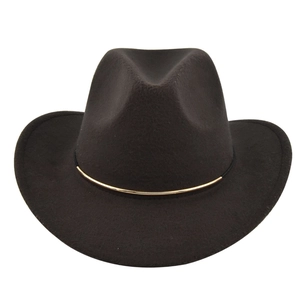 Detail view of dark coffee wool felt fedora featuring a gold metal tube accessory