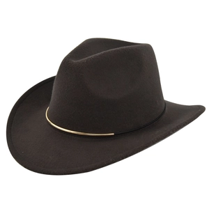 Detail of dark brown wool felt fedora with black cord and gold metal tube ornament