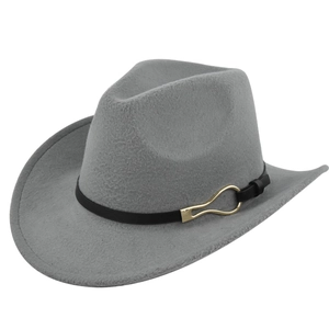 Detail of grey wool felt cowboy hat featuring a black band with gold metal buckle