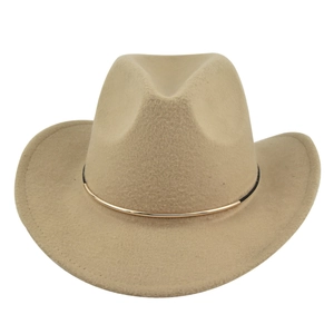 Classic khaki wool felt fedora with a gold metal band accessory on a white background