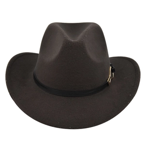 Close-up of the black leather band with a gold buckle on the dark felt fedora hat