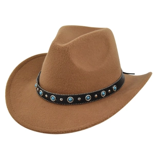 Classic brown wool felt western cowboy hat with blue turquoise stones and silver rivets