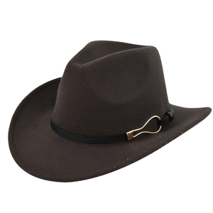 Detail of dark brown felt cowboy hat featuring a black leather band and gold buckle