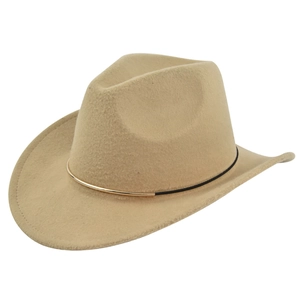 Detailed close-up of khaki felt cowboy hat with gold metal tube band accessory