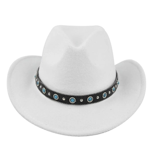 Detail of white felt cowboy hat featuring leather band with turquoise beads and silver studs