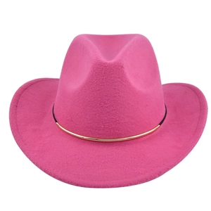 Classic rose pink felt cowboy hat with gold metallic trim on a clean white background