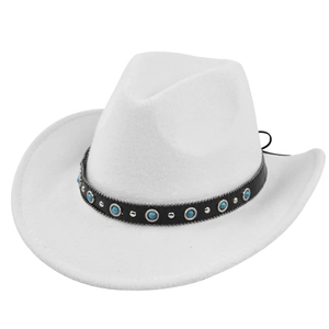 Detail of white felt cowboy hat featuring turquoise beads and silver studs on black band