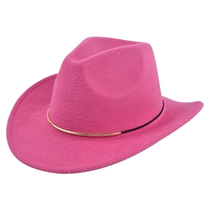 Detailed view of rose pink felt cowboy hat with gold and black metallic decorative band