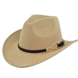 Detail of camel felt hat with black leather strap and gold metallic buckle accents