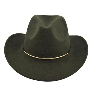 Detail view of dark olive green wool felt cowboy hat with gold metal tube buckle