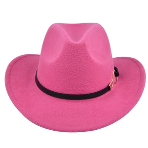 Detailed close-up of pink felt fedora hat with black band and gold buckle detail