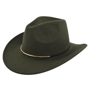 Detailed view of a dark green felt cowboy hat featuring elegant gold metal tube band trim