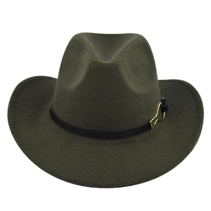 Detailed texture of olive green felt hat with black leather band and golden buckle