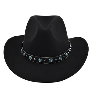 Vintage Western Cowboy Hat Faux Wool Felt Fedora Wide Brim Jazz Hat With Turquoise Beads Rivets Band For Men Women