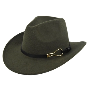 Close-up of olive green wool felt cowboy hat with black leather band and gold buckle