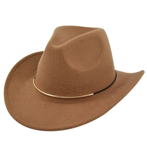 Detail of brown felt cowboy hat featuring a black band and gold curved metal tube accessory