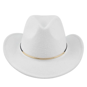 Detail of white felt cowboy hat with minimalist black cord and gold metal tube ornament