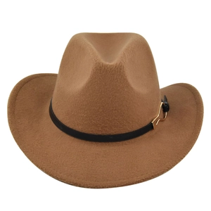 Detail of camel felt fedora with a black leather band and golden metal buckle accent