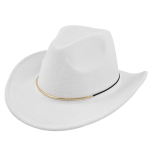 Detail showing the white felt cowboy hat with gold metal rings and black band