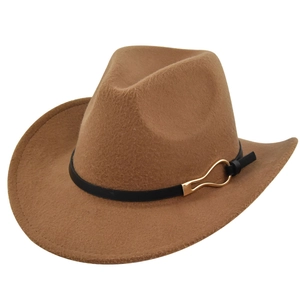 Close-up of brown wool felt fedora featuring a black leather belt with gold metal buckle
