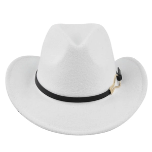 Close-up of a white felt cowboy hat featuring a black leather band and gold metal buckle