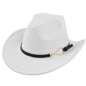 Detail of white felt cowboy hat with black leather band and gold horseshoe buckle