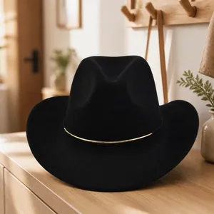 Vintage Western Cowboy Hat Wide Brim Woolen Felt Fedora Hat With Gold Metal Ring Jazz Cap Travel Party Accessories