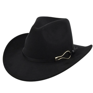 Classic black felt cowboy hat with leather band and gold metal buckle on white background