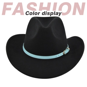 Detail of black felt cowboy hat featuring a light blue belt with a gold metal buckle