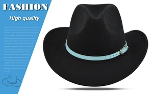 Detail of black felt fedora with a blue leather band and golden metal buckle