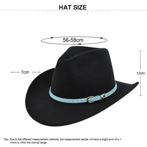 Detailed size chart for black felt fedora hat showing 56-58cm head circumference