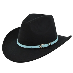 Detail of black felt cowboy hat featuring light blue leather belt with gold buckle decoration