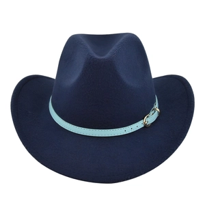 Detail view of navy wool felt fedora hat featuring a light blue leather belt with gold buckle