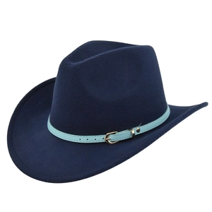 Classic dark blue felt cowboy hat with light blue belted strap and gold buckle