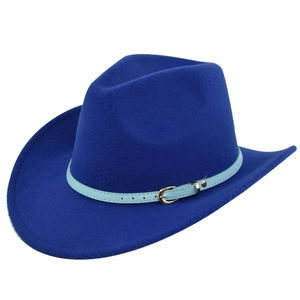Close-up of navy blue felt cowboy hat with light blue leather belt and silver metal buckle