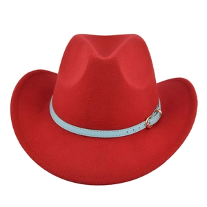 Close-up of red felt cowboy hat with light blue leather belt and gold buckle detail